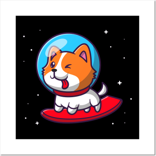 Cute astronaut Dog Surfing in Space Cartoon Posters and Art